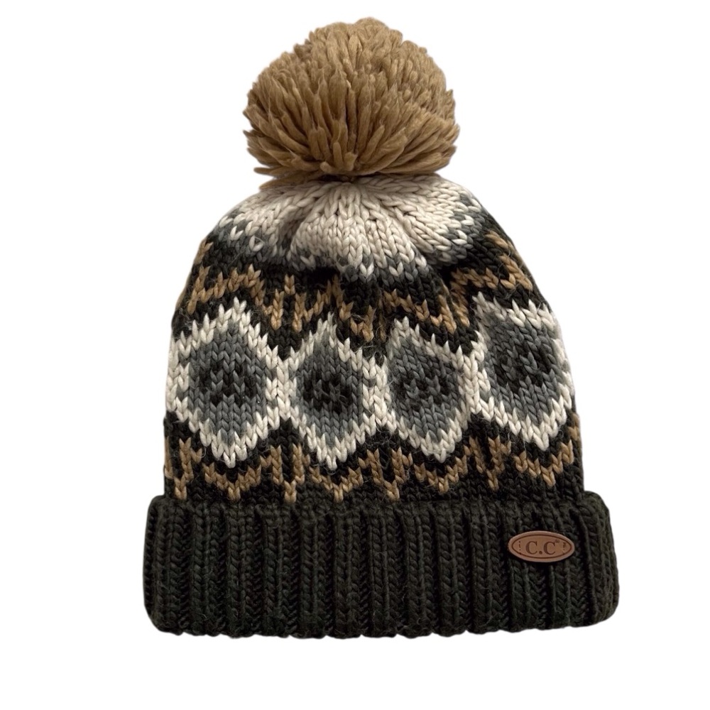 CC Beanie Winter Hat Fair Isle Green Tan White Gorpcore Cabincore Outdoor Unisex